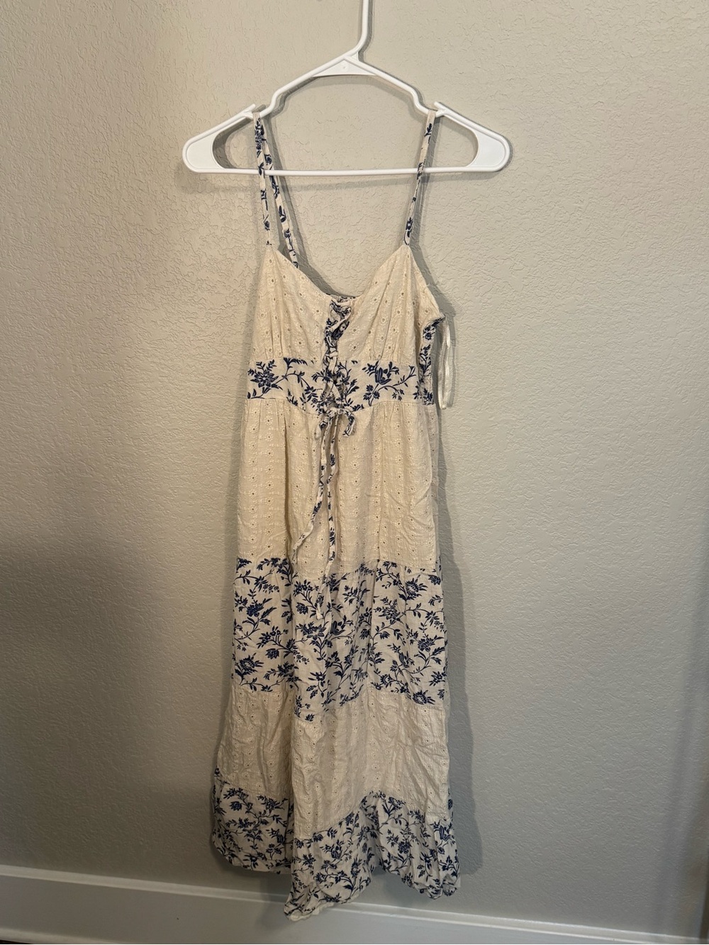 Cream Maxi Dress with Blue Floral Print